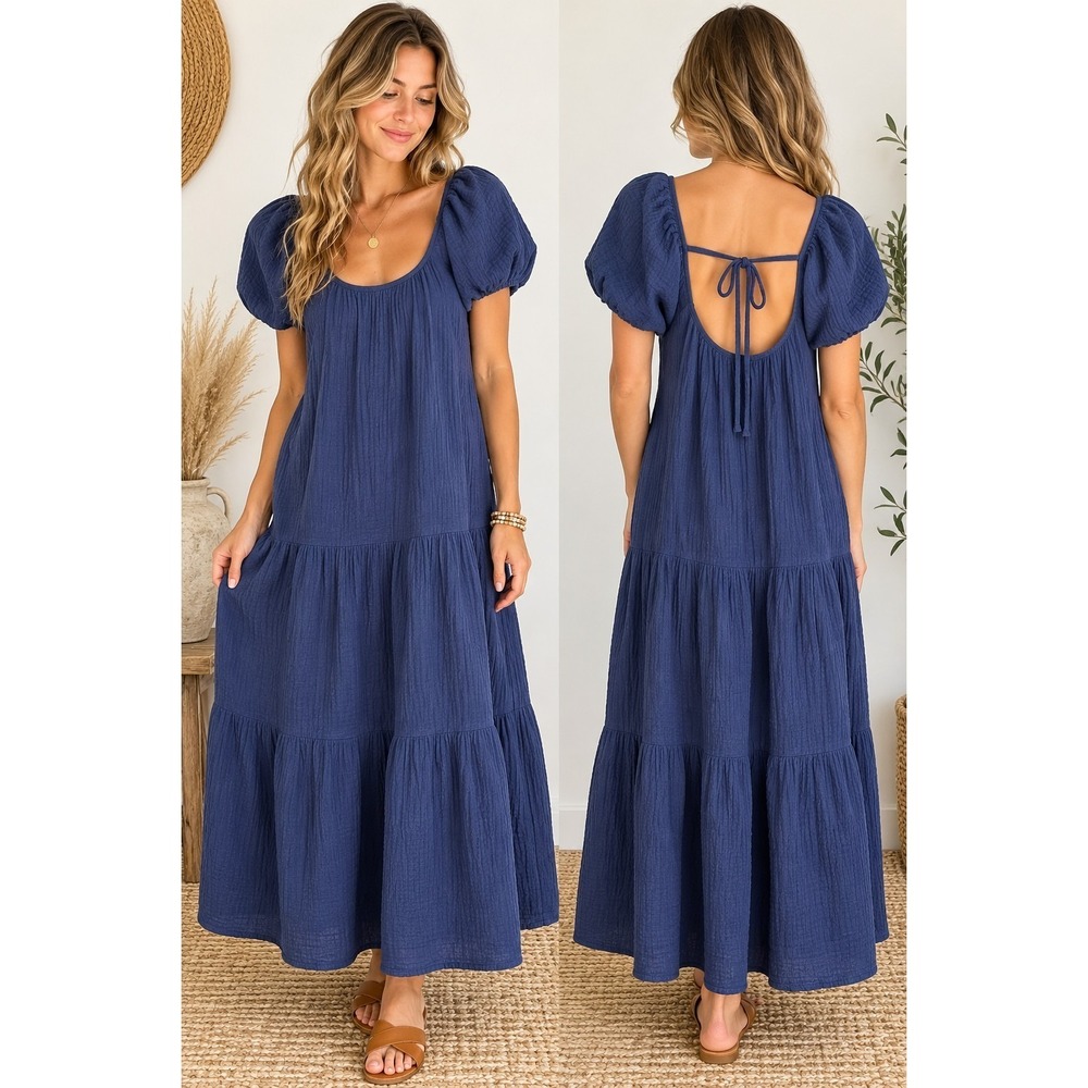 Honorine XS Navy Blue Cotton Gauze Maxi Dress Tiered Puff Sleeve Boho Tie Back